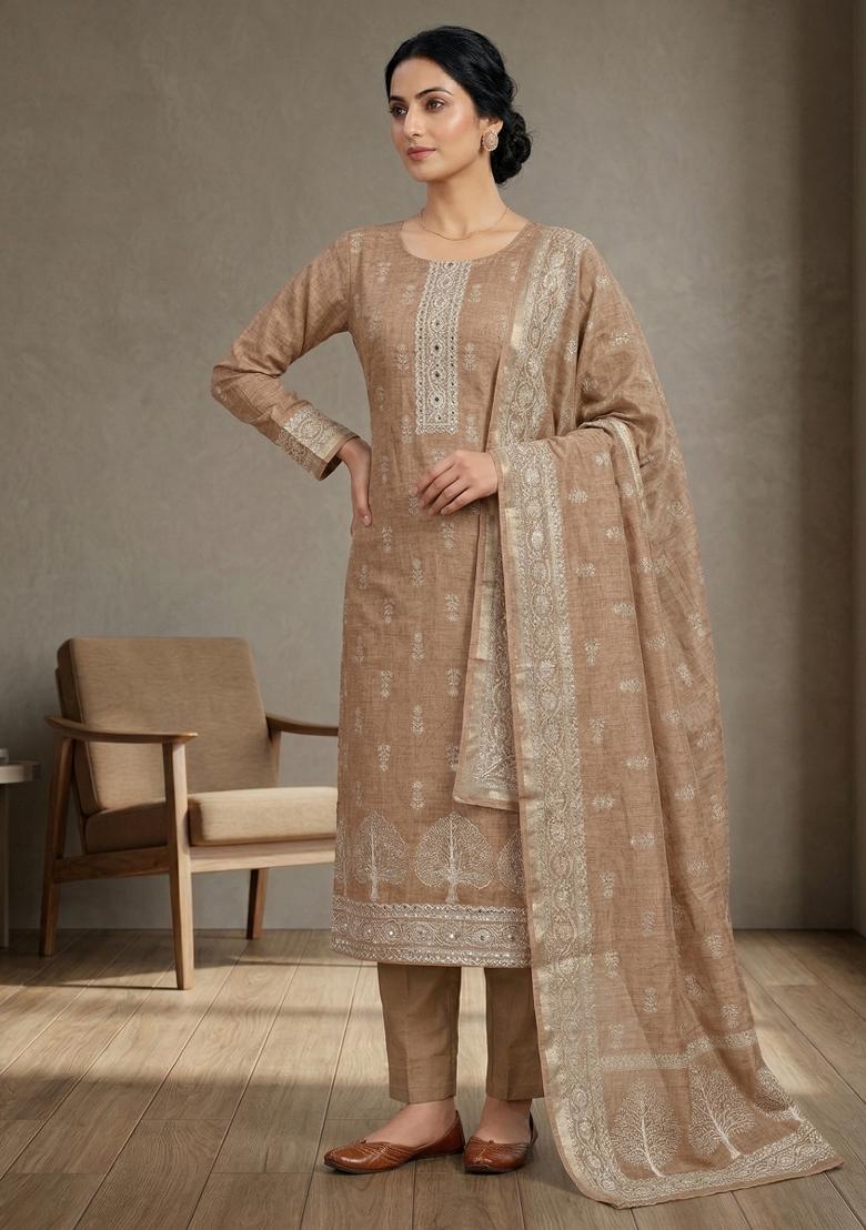 Orange Printed Linen Salwar Kameez - Indya