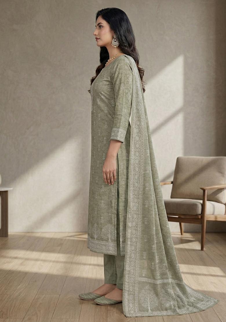 Olive Printed Linen Salwar Kameez - Indya