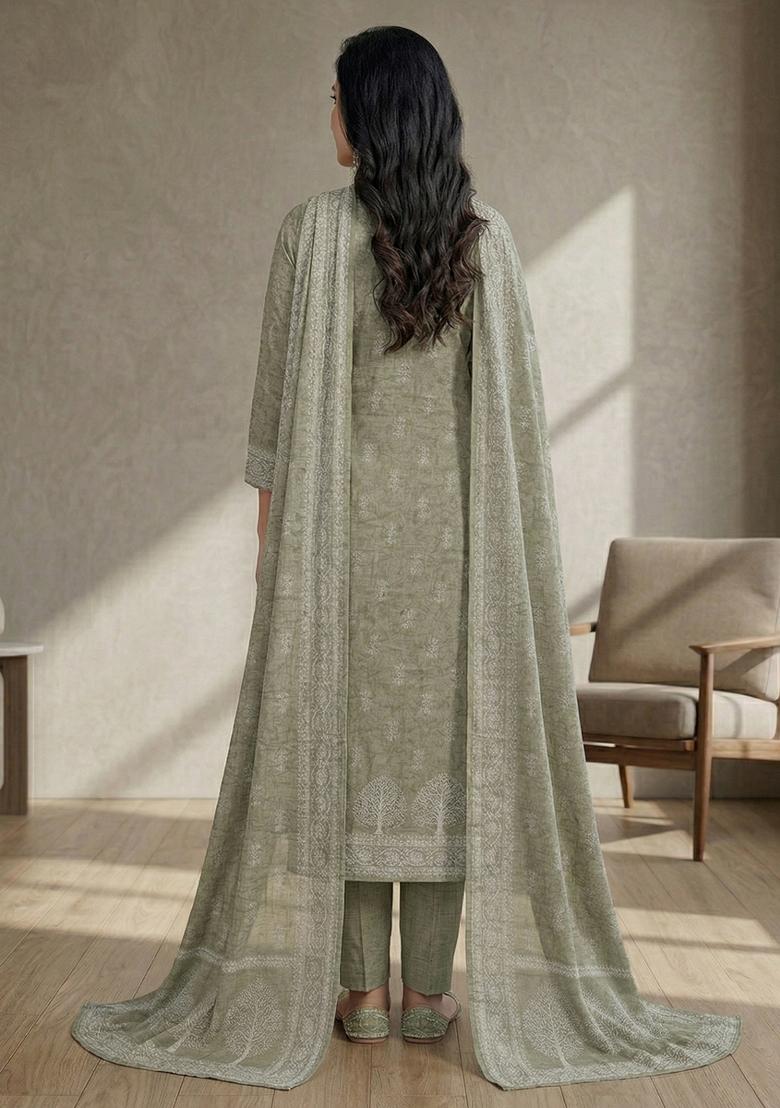 Olive Printed Linen Salwar Kameez - Indya