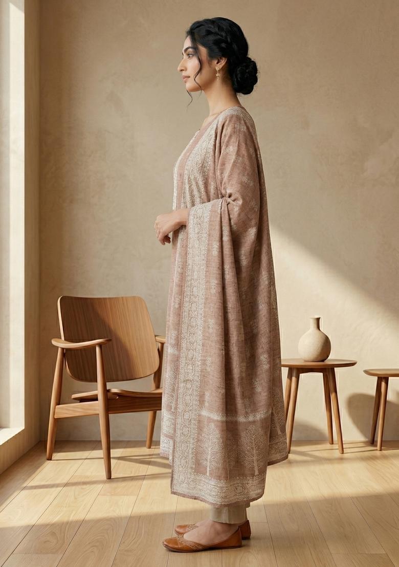 Rust Printed Linen Salwar Kameez - Indya