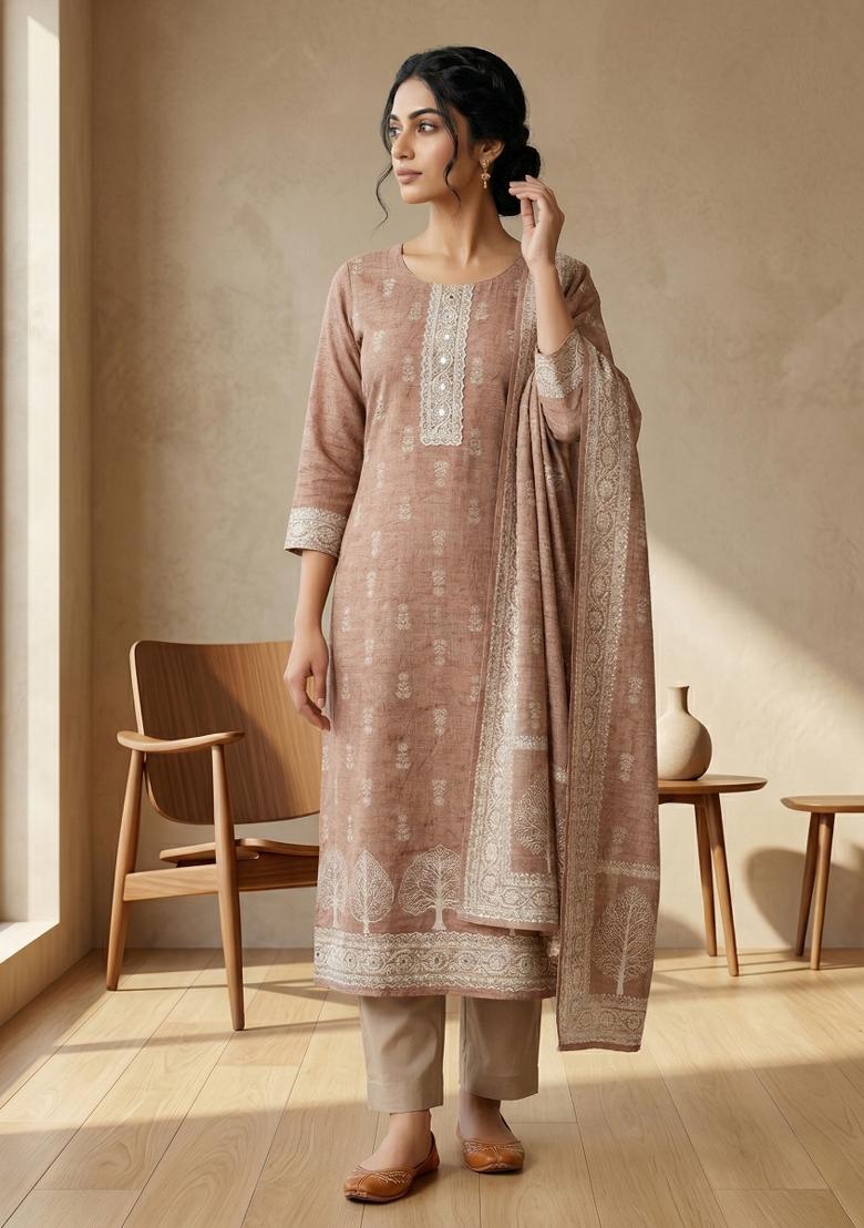 Rust Printed Linen Salwar Kameez - Indya