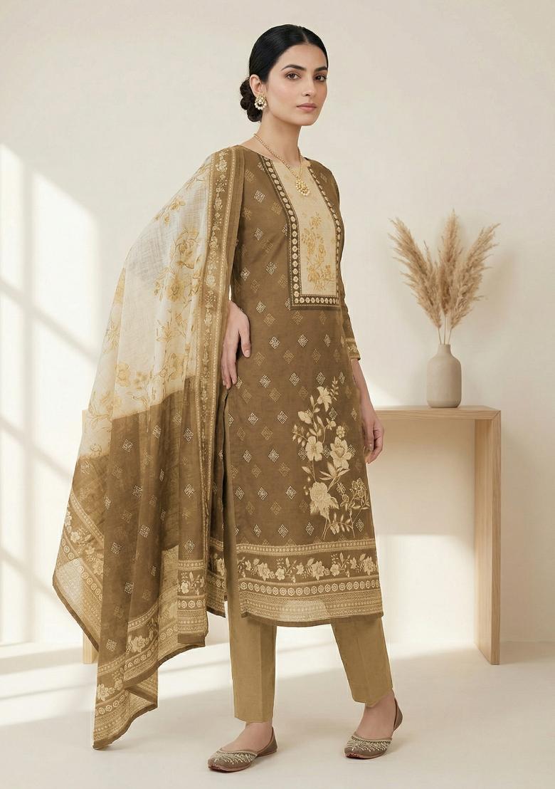 Khaki Printed Linen Salwar Kameez - Indya