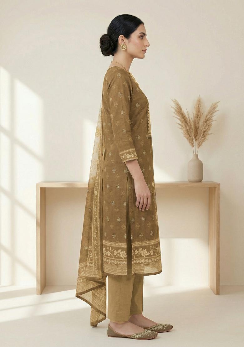 Khaki Printed Linen Salwar Kameez - Indya