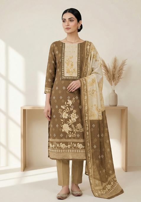 Khaki Printed Linen Salwar Kameez