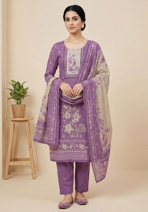Purple Printed Linen Salwar Kameez