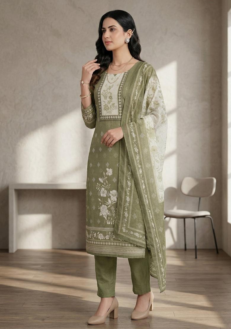 Green Printed Linen Salwar Kameez - Indya