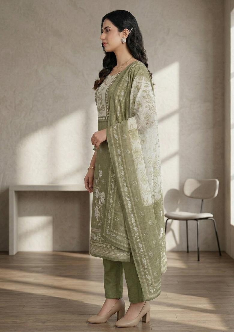 Green Printed Linen Salwar Kameez - Indya