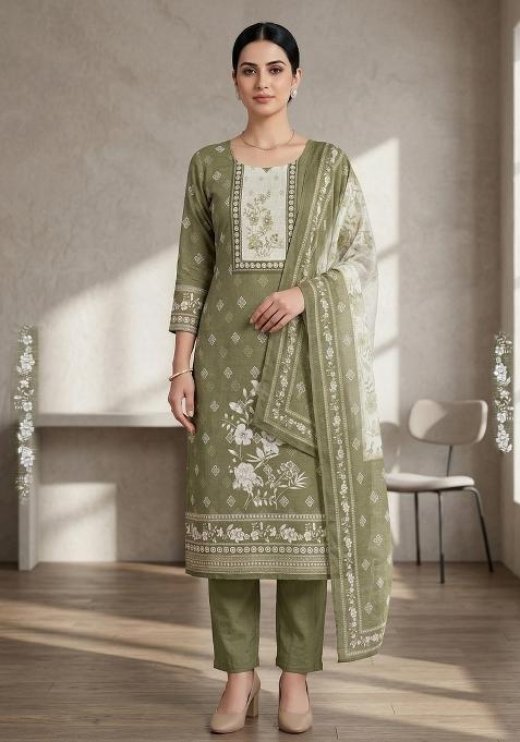 Green Printed Linen Salwar Kameez