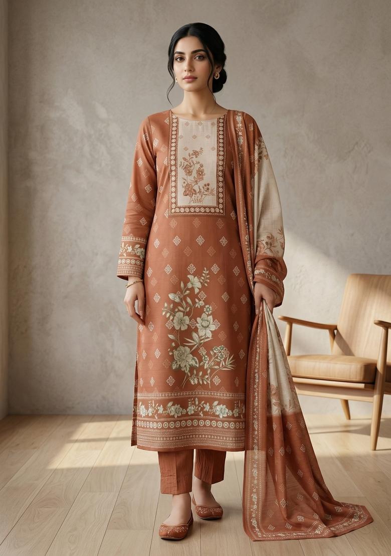 Orange Printed Linen Salwar Kameez - Indya