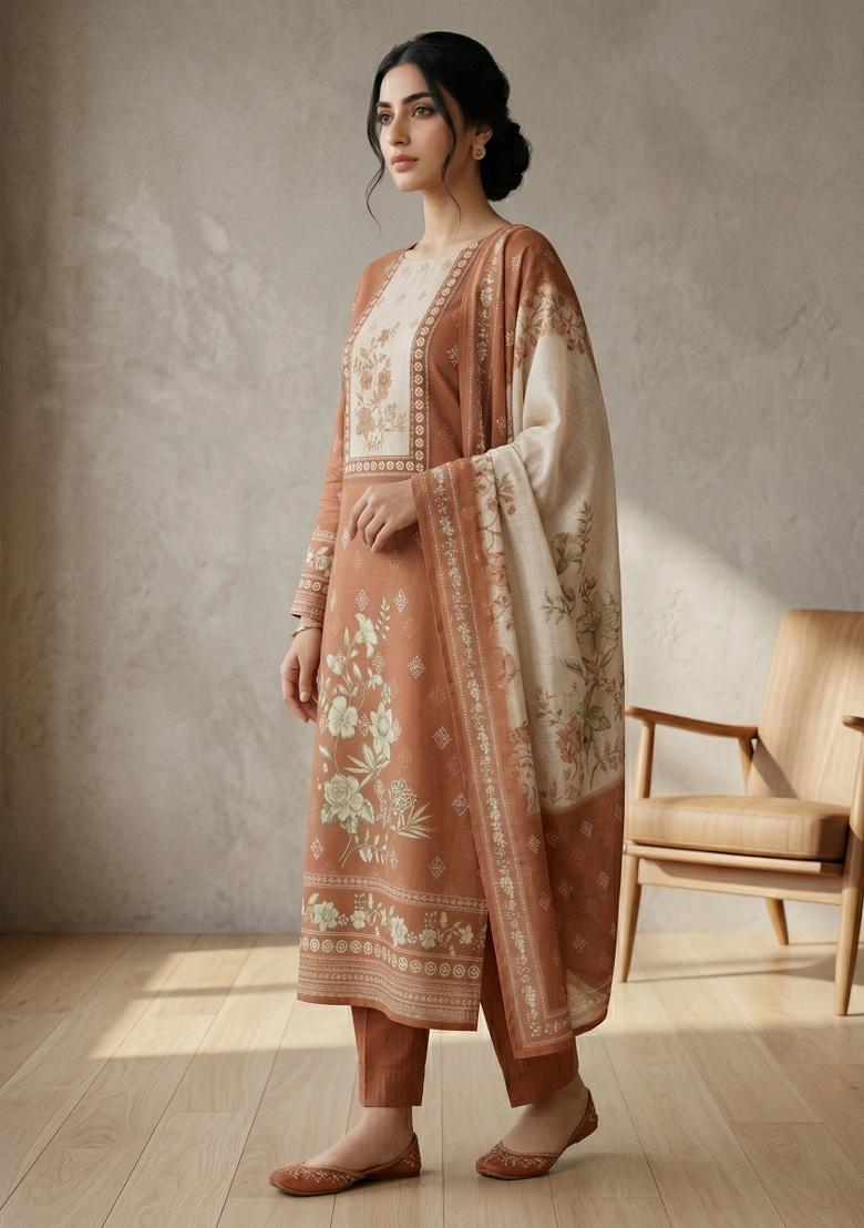 Orange Printed Linen Salwar Kameez - Indya