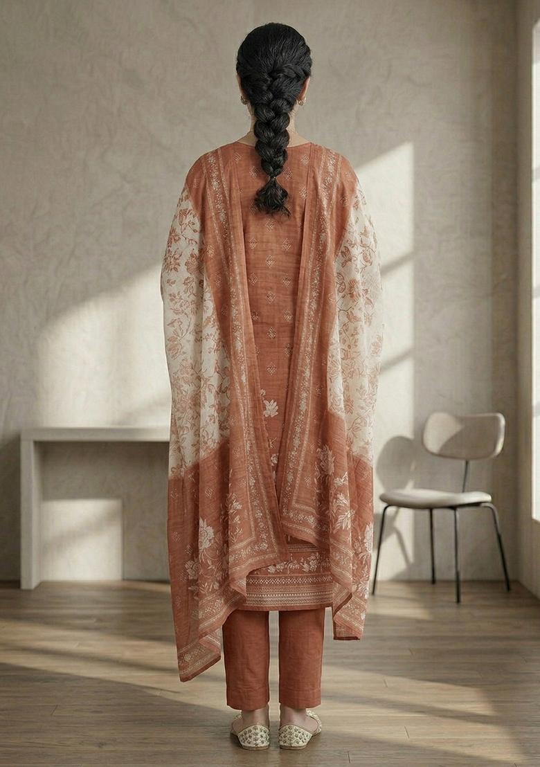 Orange Printed Linen Salwar Kameez - Indya