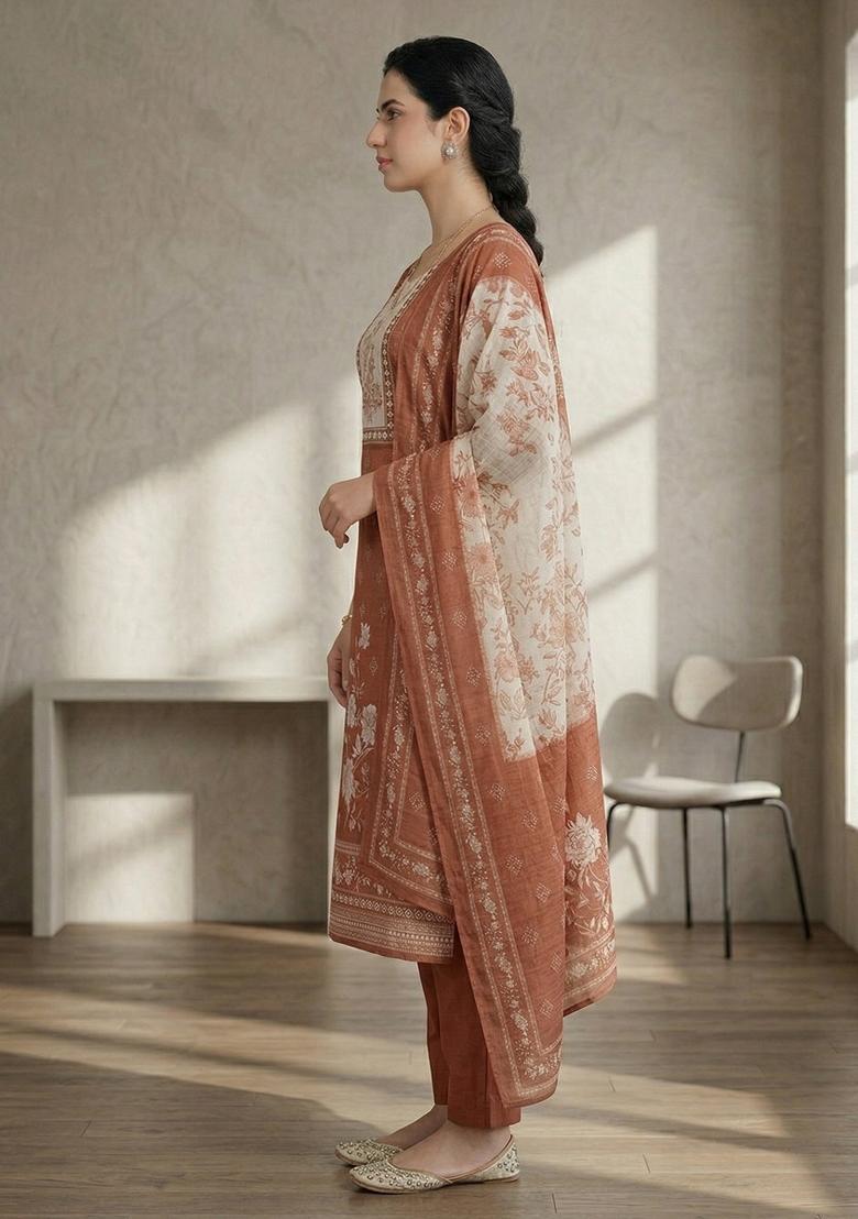 Orange Printed Linen Salwar Kameez - Indya