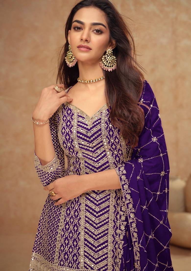 Violet Embroidery Silk Salwar Kameez - Indya