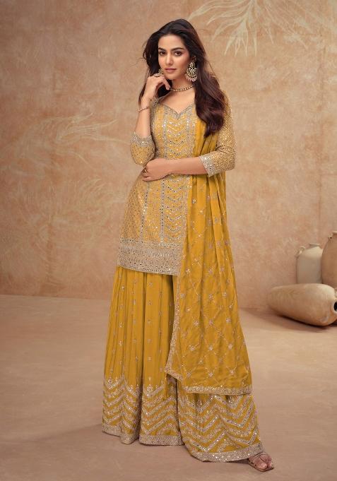 Yellow Embroidery Silk Salwar Kameez — view on Indya