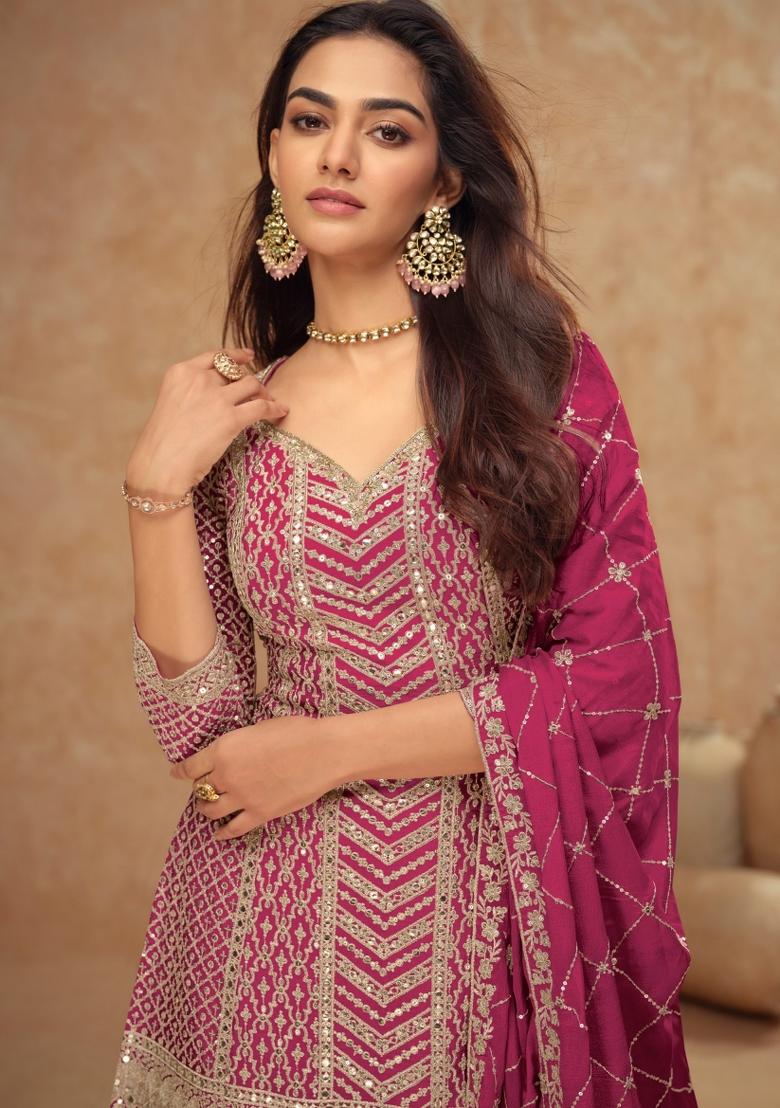 Rani Pink Embroidery Silk Salwar Kameez - Indya