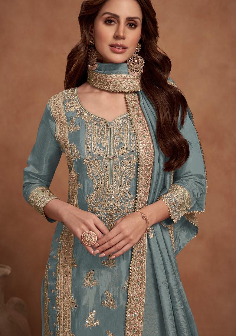 Grey Embroidery Silk Salwar Kameez - Indya