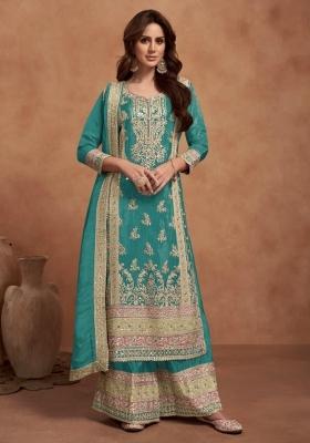 Teal Green Embroidery Silk Salwar Kameez