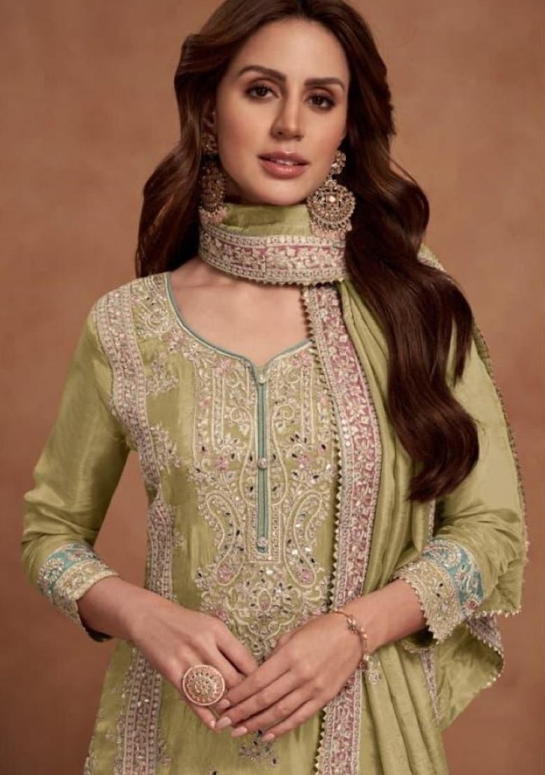 Lemon Embroidery Silk Salwar Kameez - Indya