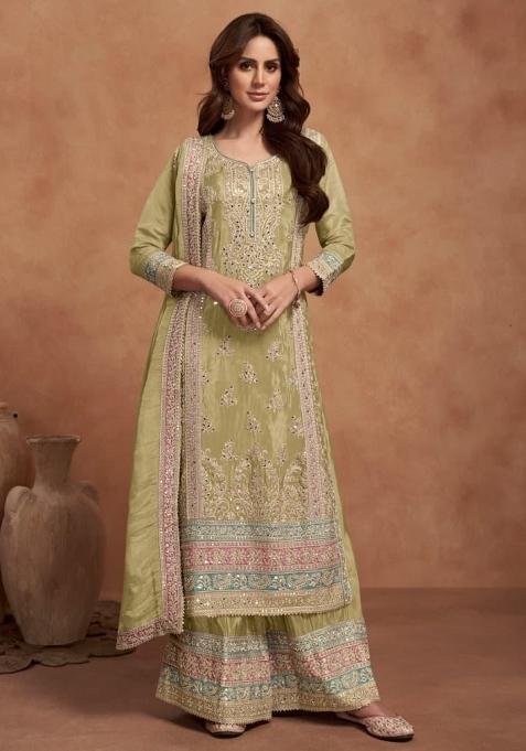 Lemon Embroidery Silk Salwar Kameez — view on Indya