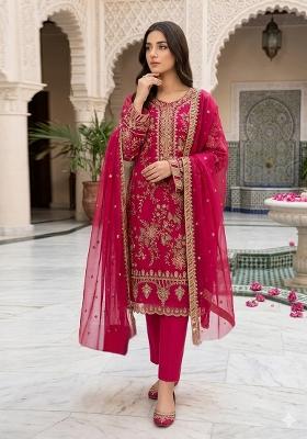 Rani Pink Embroidery Silk Pakistani Suit Set