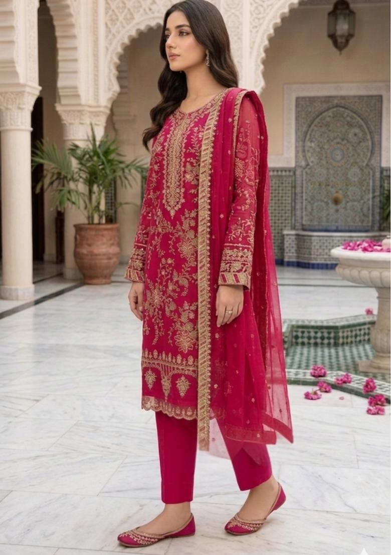 Rani Pink Embroidery Silk Pakistani Suit Set - Indya