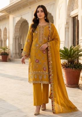 Yellow Embroidery Silk Pakistani Suit Set