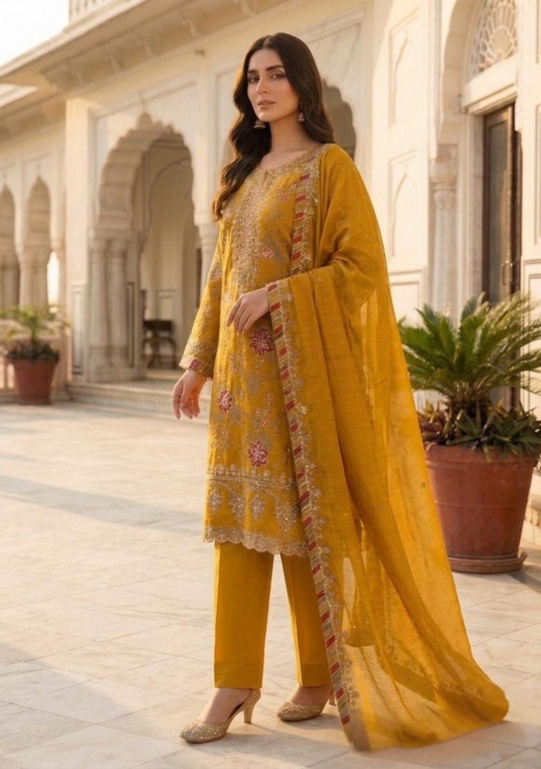 Yellow Embroidery Silk Pakistani Suit Set - Indya