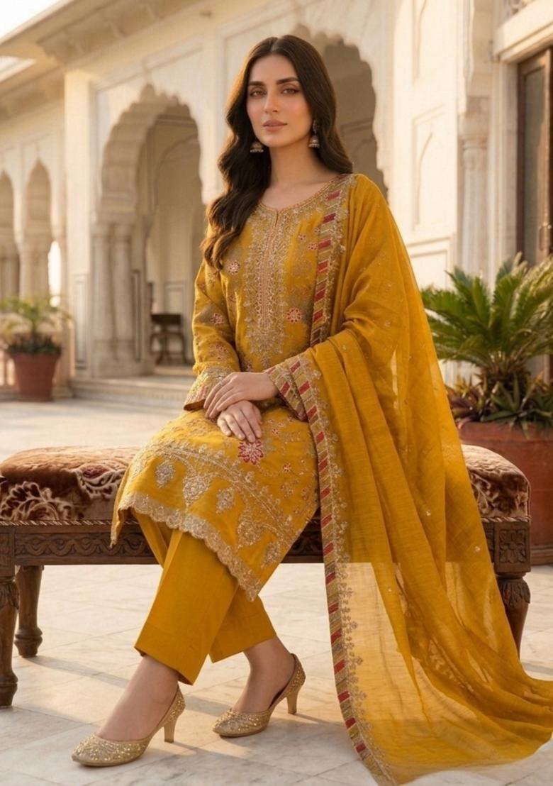 Yellow Embroidery Silk Pakistani Suit Set - Indya