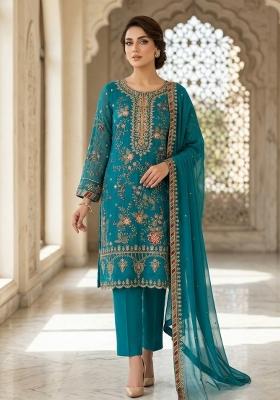 Turquoise Embroidery Silk Pakistani Suit Set