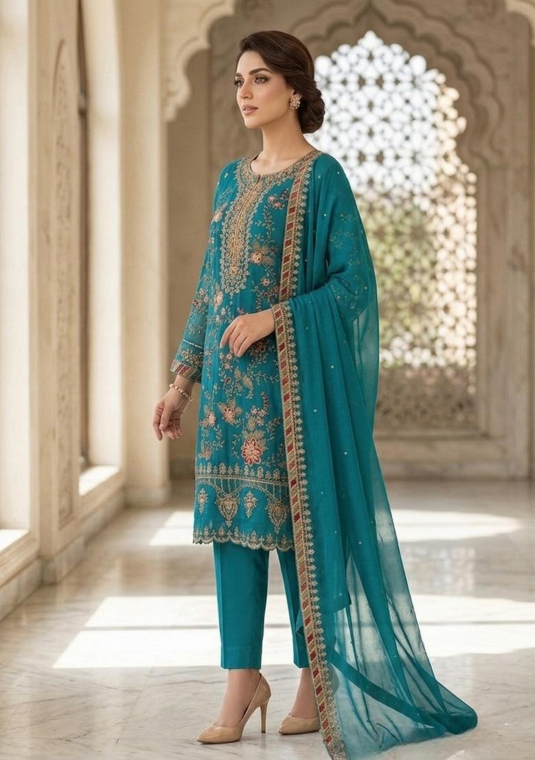 Turquoise Embroidery Silk Pakistani Suit Set - Indya