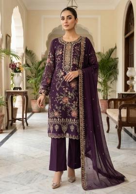 Purple Embroidery Silk Pakistani Suit Set