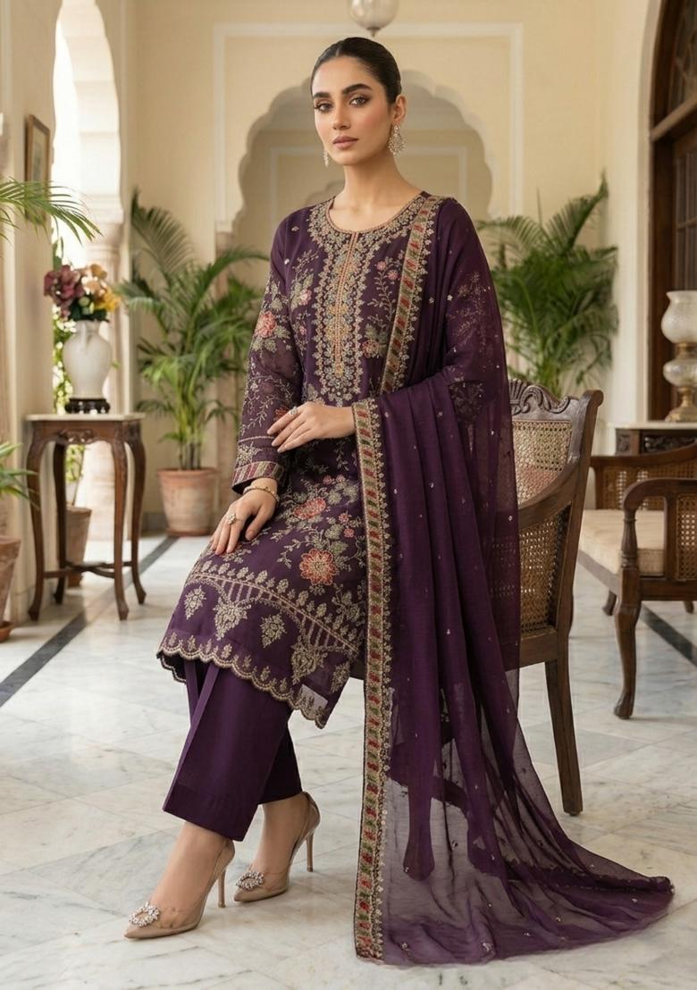 Purple Embroidery Silk Pakistani Suit Set - Indya