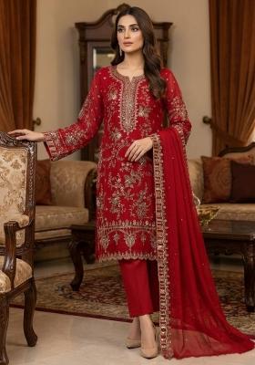 Red Embroidery Silk Pakistani Suit Set