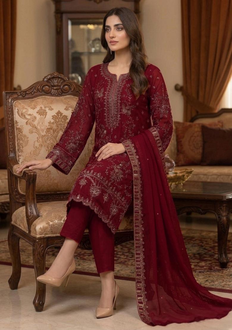 Red Embroidery Silk Pakistani Suit Set - Indya