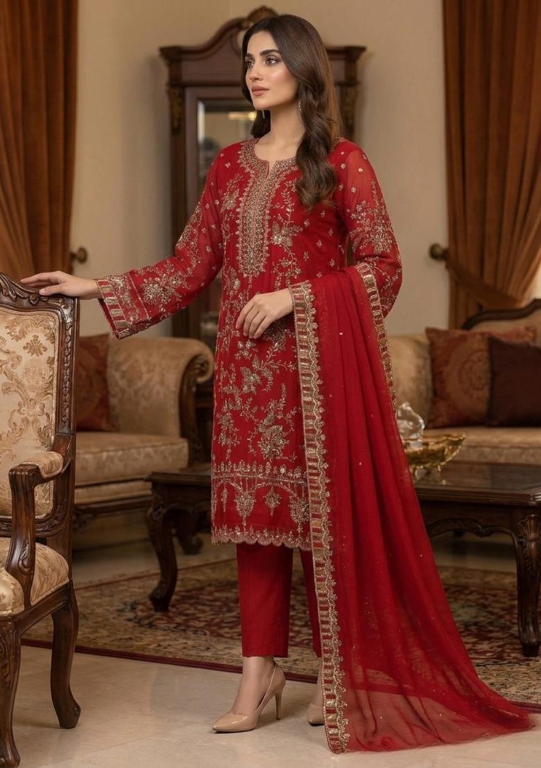 Red Embroidery Silk Pakistani Suit Set - Indya