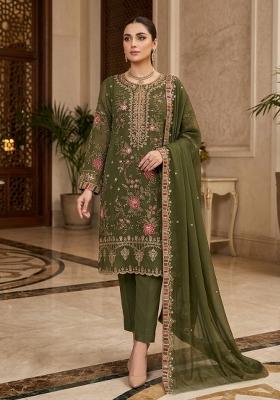 Mehendi Embroidery Silk Pakistani Suit Set