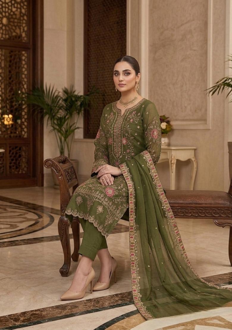 Mehendi Embroidery Silk Pakistani Suit Set - Indya