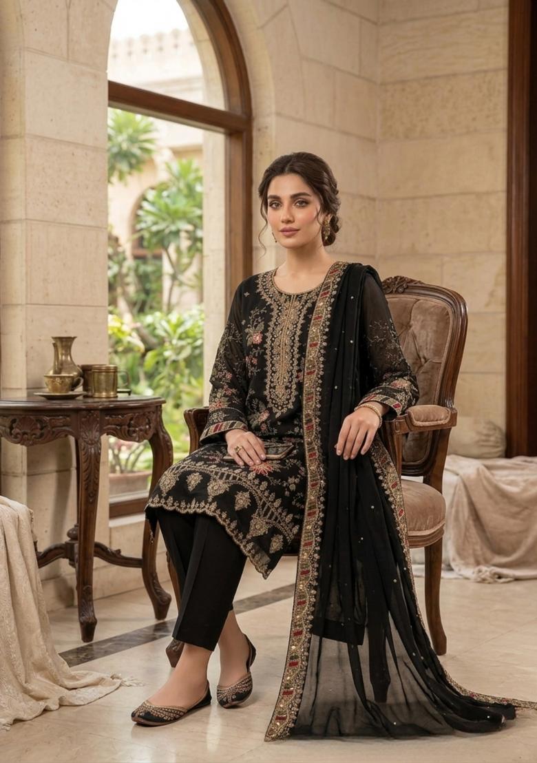 Black Embroidery Silk Pakistani Suit Set - Indya