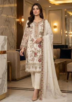 White Embroidery Silk Pakistani Suit Set