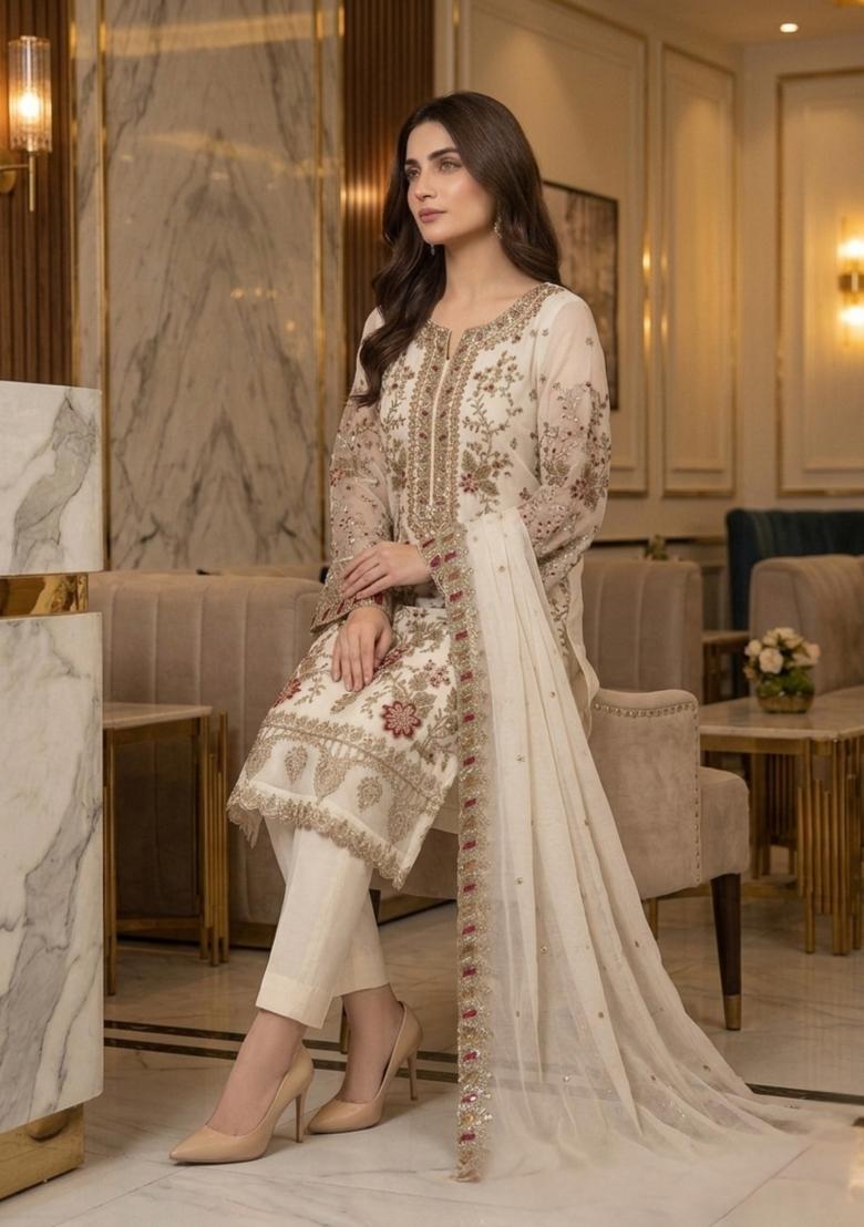 White Embroidery Silk Pakistani Suit Set - Indya