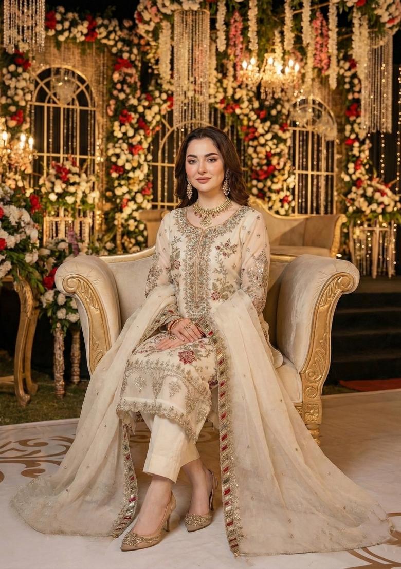 White Embroidery Chiffon Pakistani Suit Set - Indya