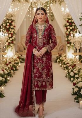 Maroon Embroidery Chiffon Pakistani Suit Set