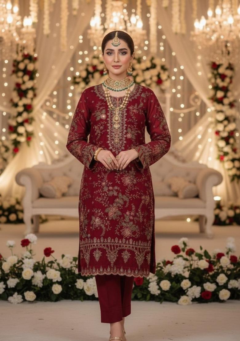 Maroon Embroidery Chiffon Pakistani Suit Set - Indya