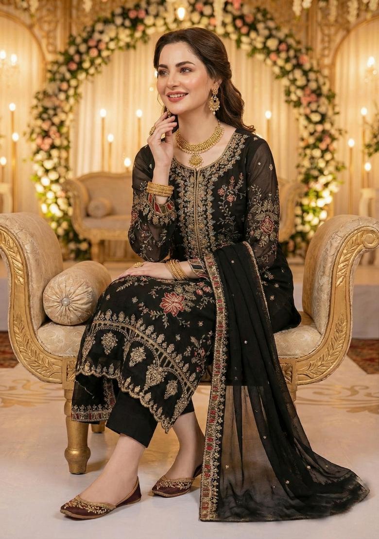 Black Embroidery Chiffon Pakistani Suit Set - Indya