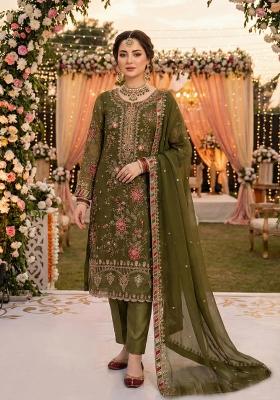 Mehendi Embroidery Chiffon Pakistani Suit Set