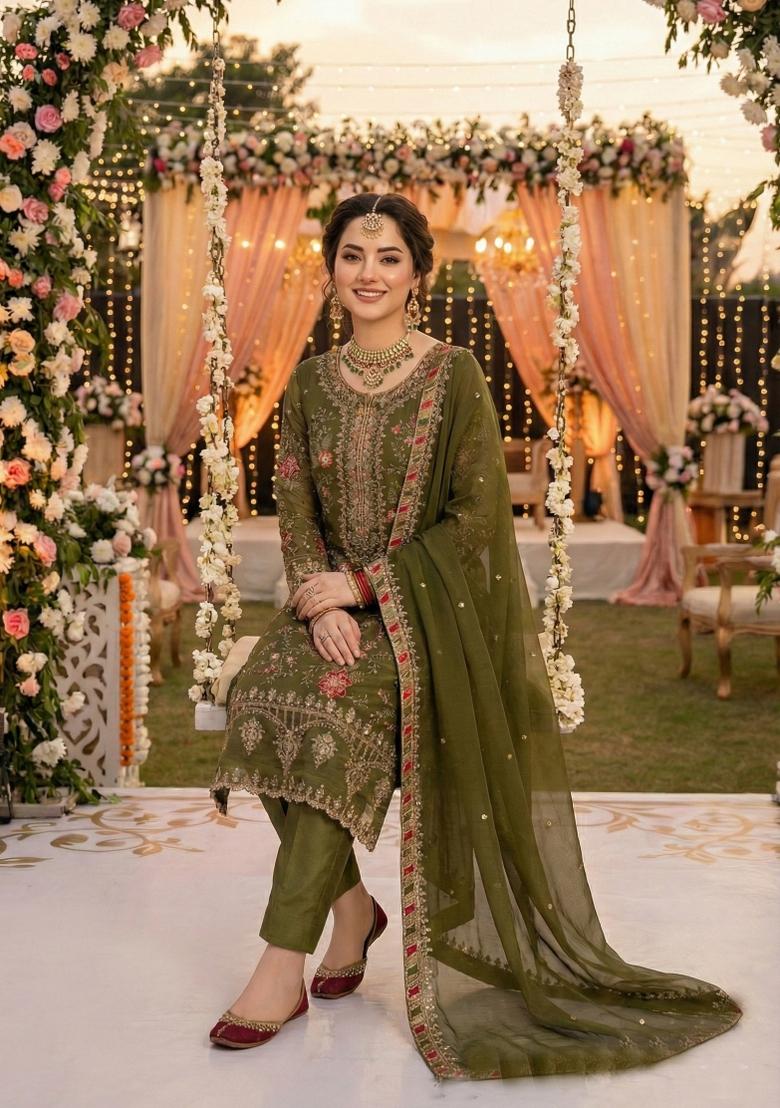 Mehendi Embroidery Chiffon Pakistani Suit Set - Indya