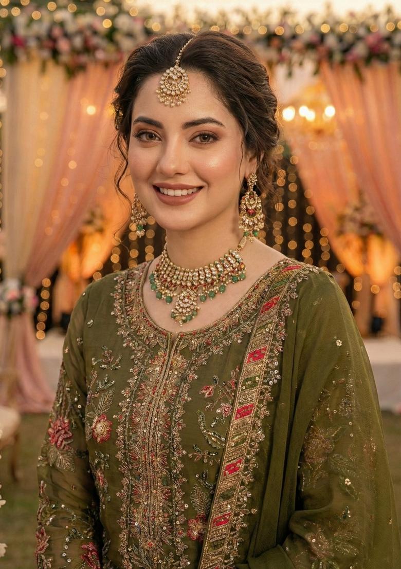 Mehendi Embroidery Chiffon Pakistani Suit Set - Indya