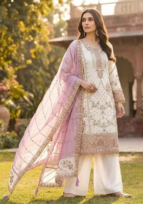 White Embroidery Georgette Pakistani Suit Set
