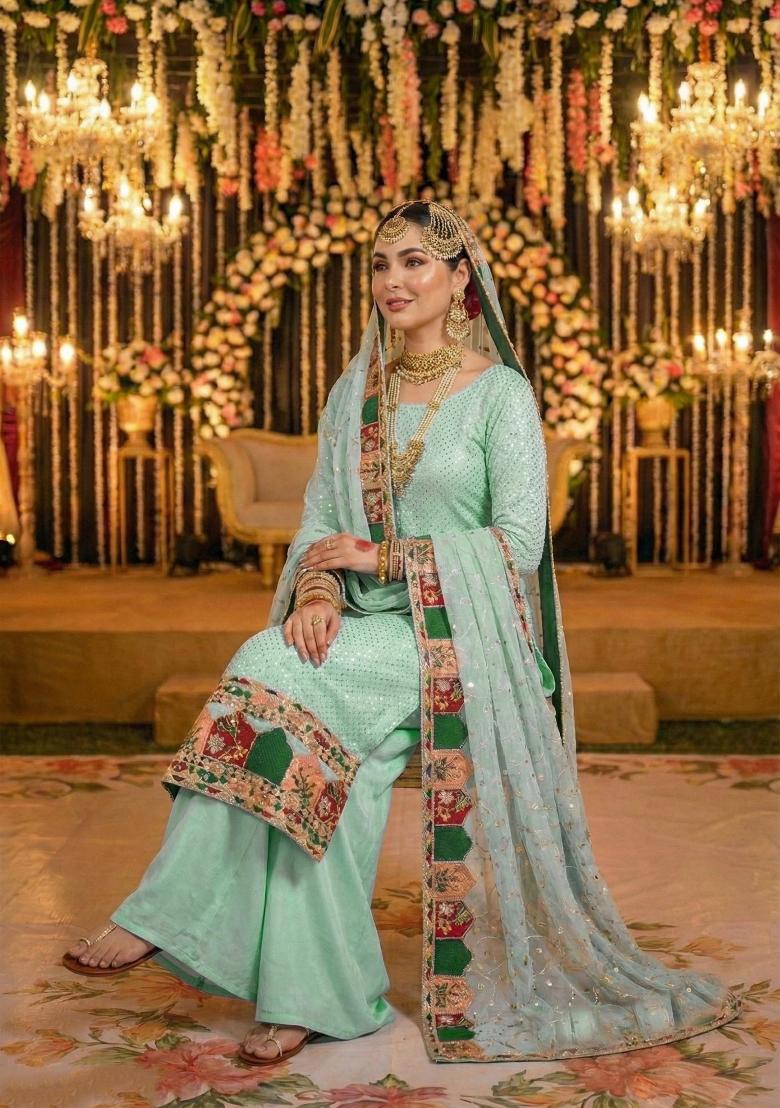 Sky Blue Embroidery Georgette Pakistani Suit Set - Indya