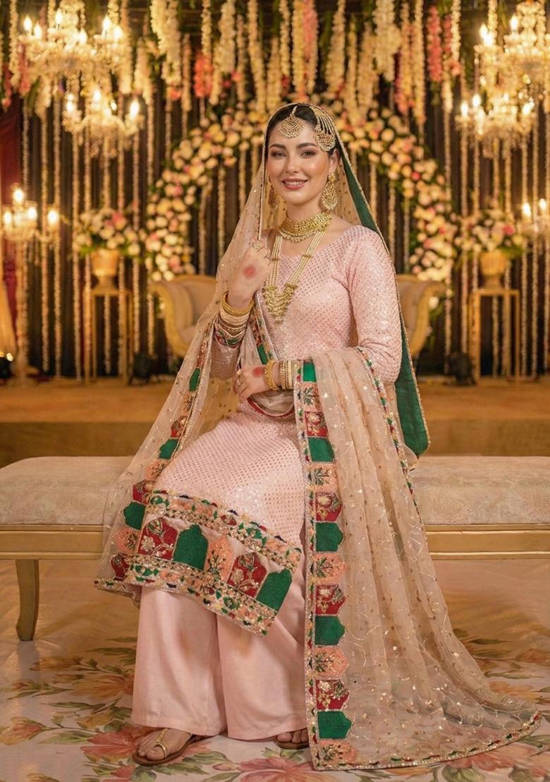 Baby Pink Embroidery Georgette Pakistani Suit Set - Indya